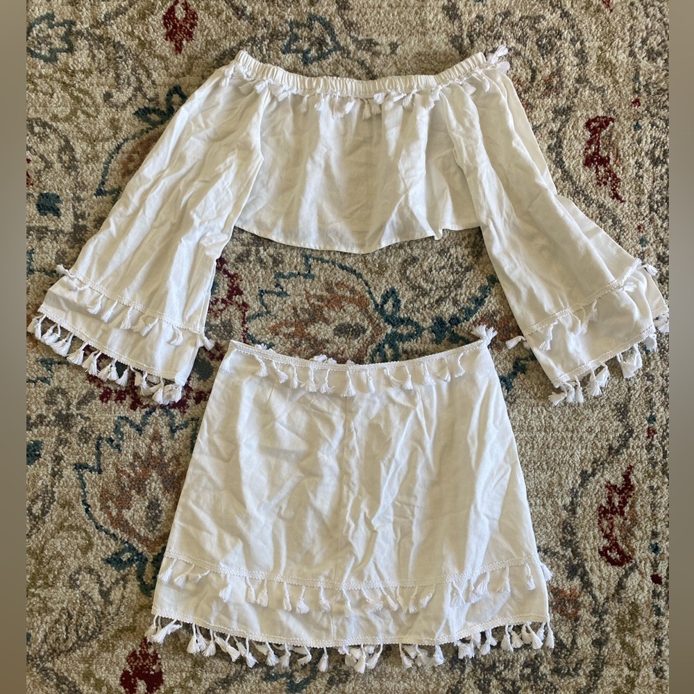 White Fringe Top and Skirt Set